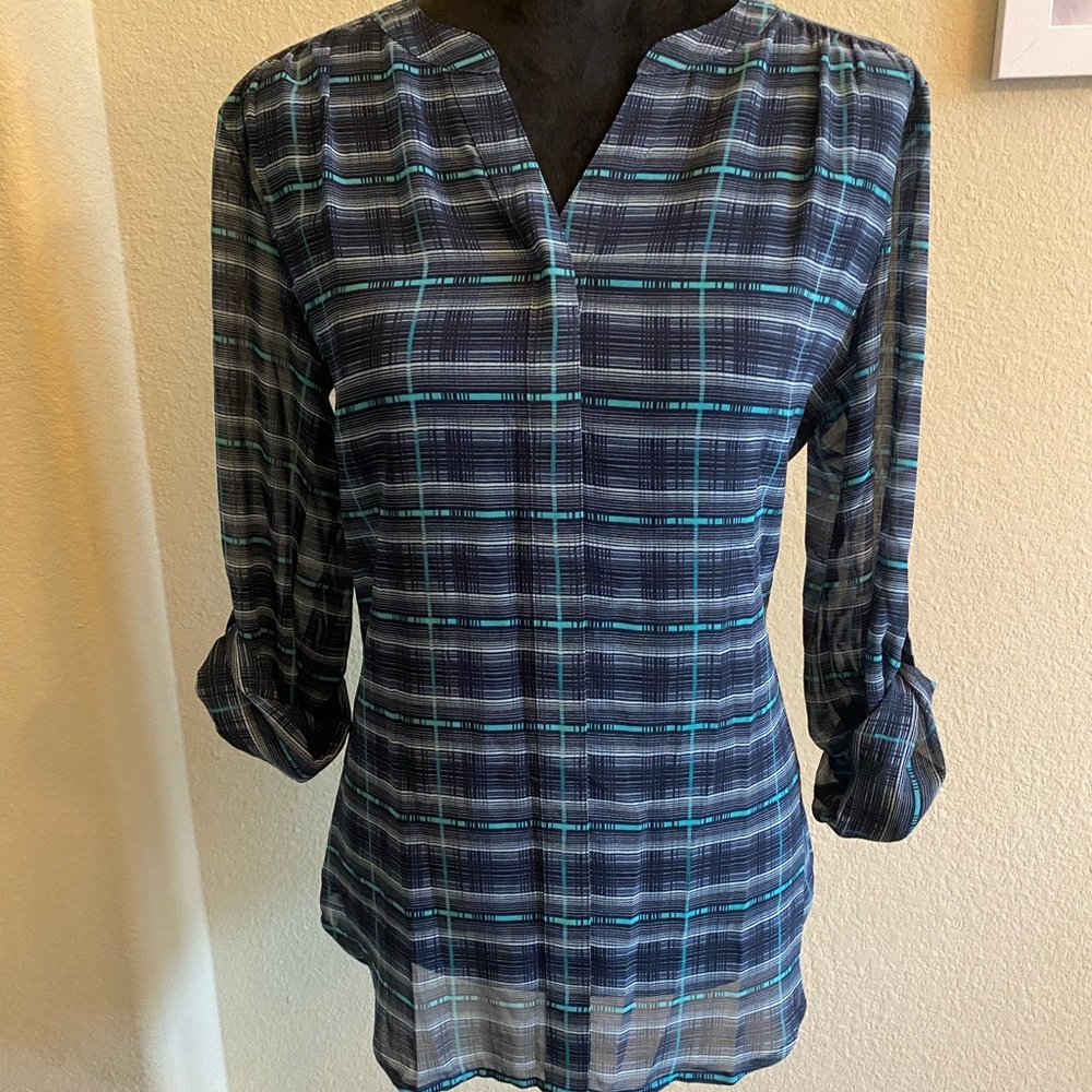 LOFT Blue Plaid Blouse sz S